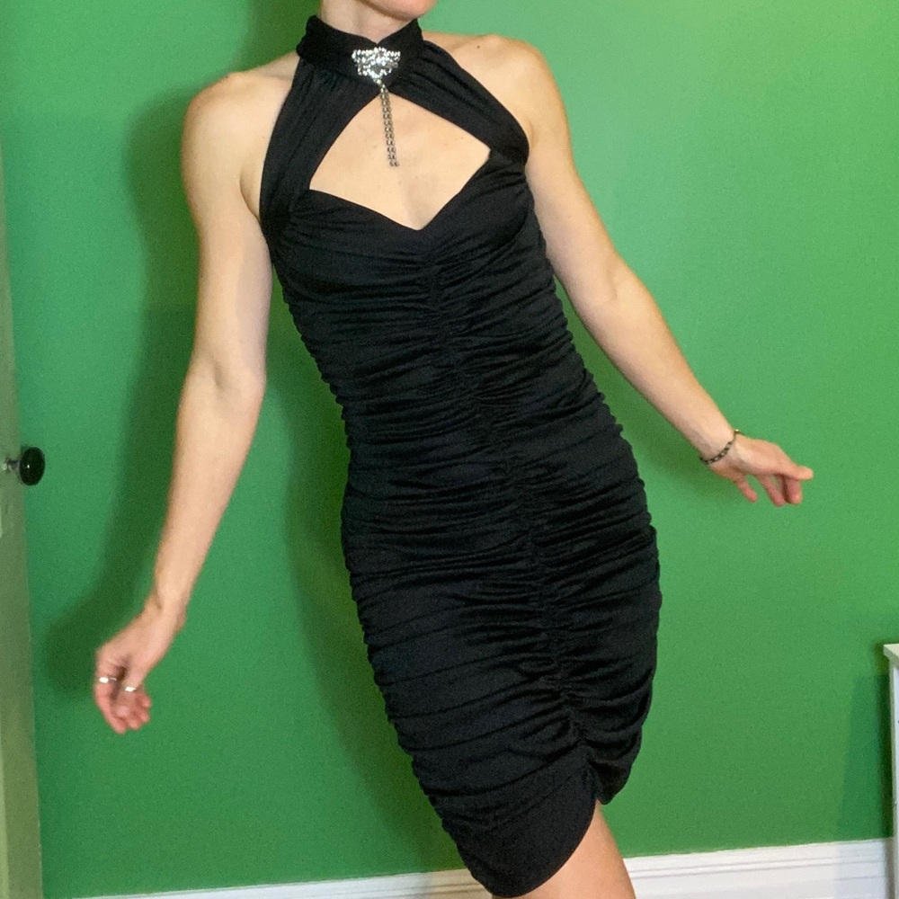 Vintage Karen Okada 'Climax' David Howard 80s black Bodycon Mini halter Dress
